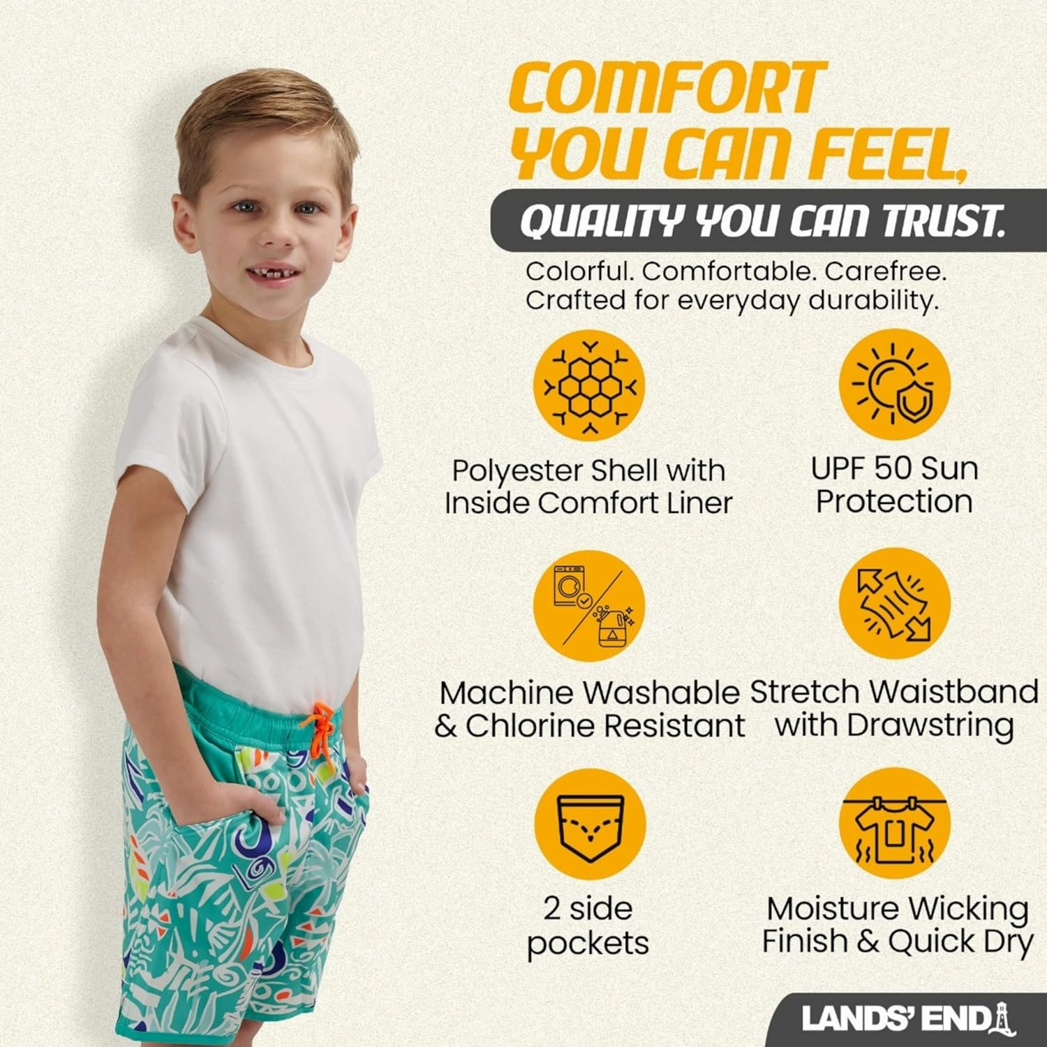 Lands' End Boys' Swimwear UPF 50 Comfort Liner Swim Trunks