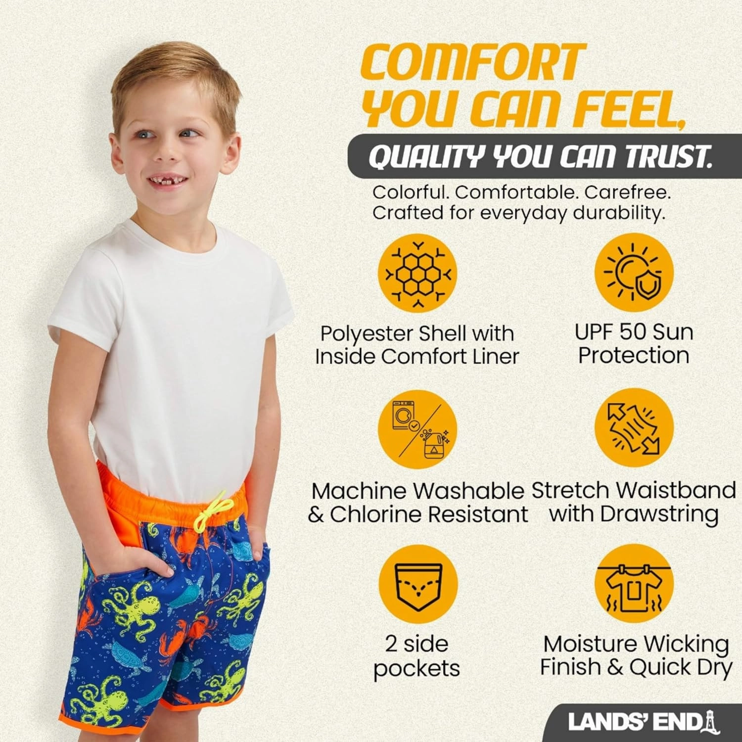 Lands' End Boys' Swimwear UPF 50 Comfort Liner Swim Trunks