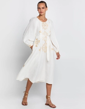Lefkada Round Neck Midi Kaftan Dress - Natural and Gold