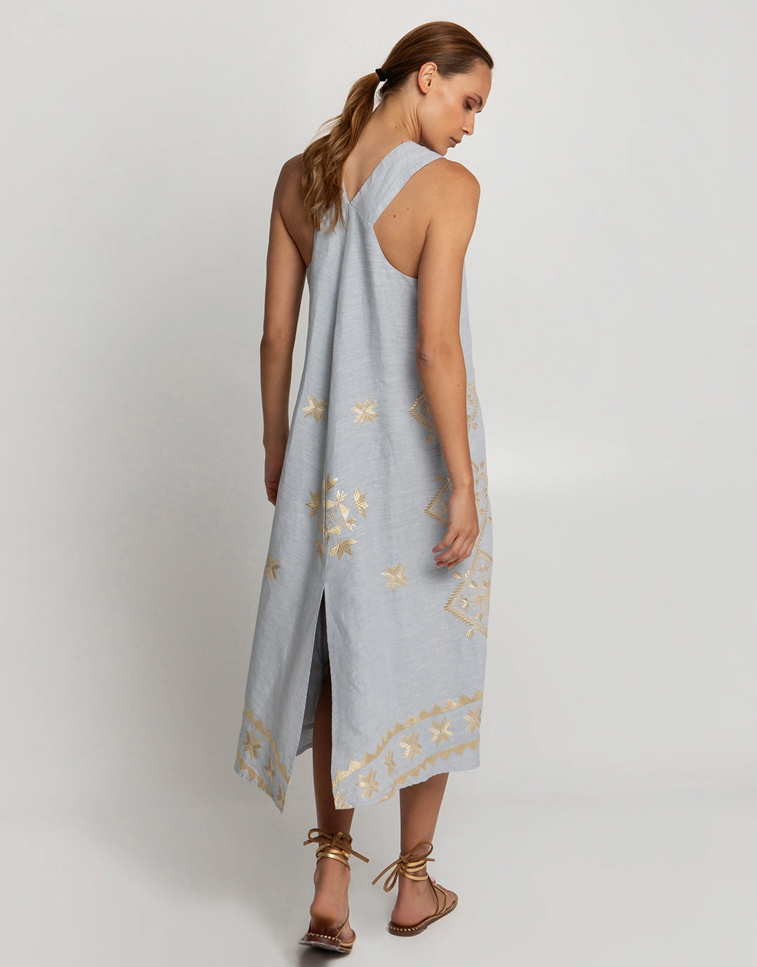 Lefkada Sleeveless Midi Dress - Light Grey and Gold