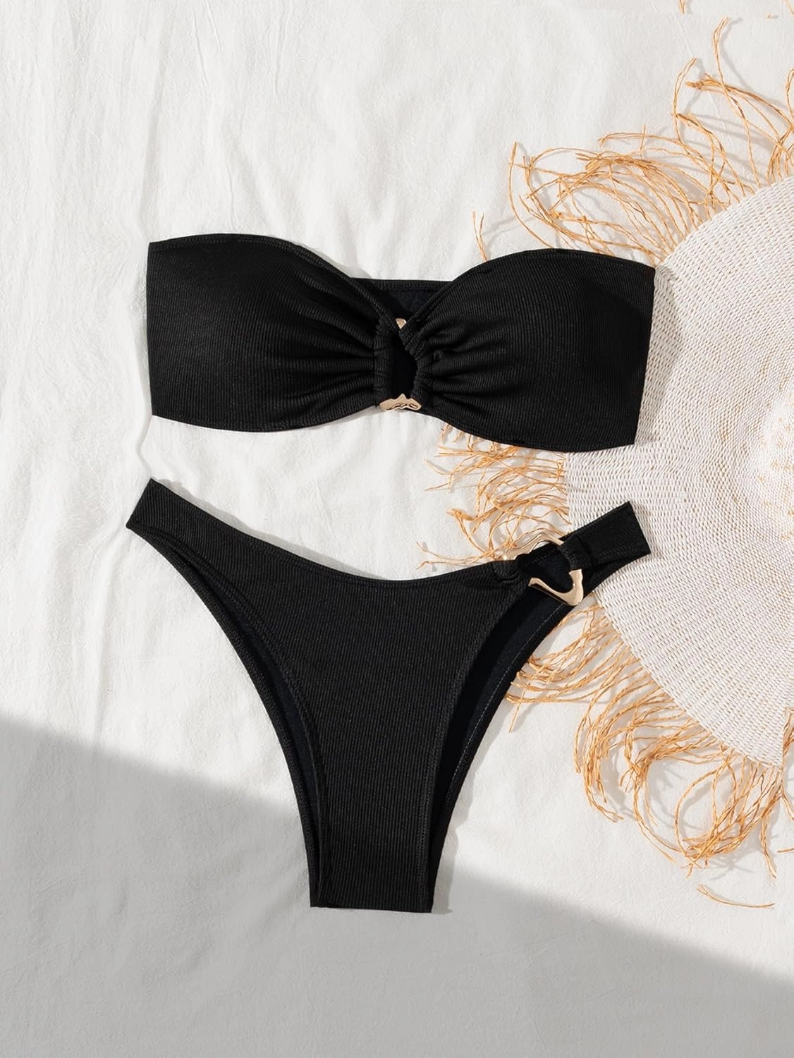 Limeeke Women's Strapless Bandeau Bikini Set Ribbed Two Piece Swimsuits Cheeky Bottom Bathing Suit