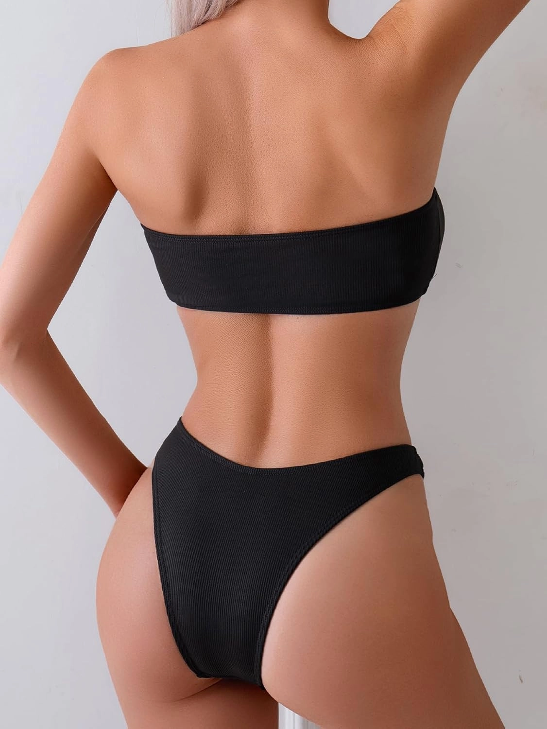 Limeeke Women's Strapless Bandeau Bikini Set Ribbed Two Piece Swimsuits Cheeky Bottom Bathing Suit