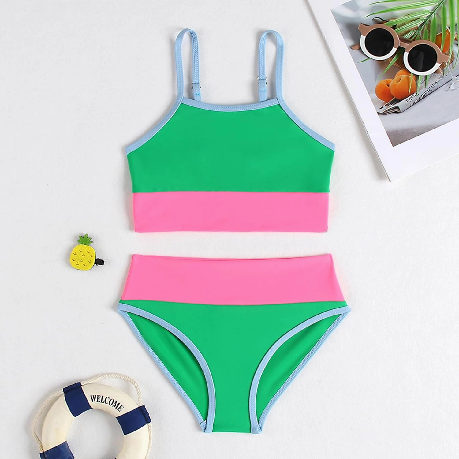 Little Girl Swimsuit Casual Swimwear Kids Two Piece Color Block Bathing Suits Beach Bikini Set 3-8 Years