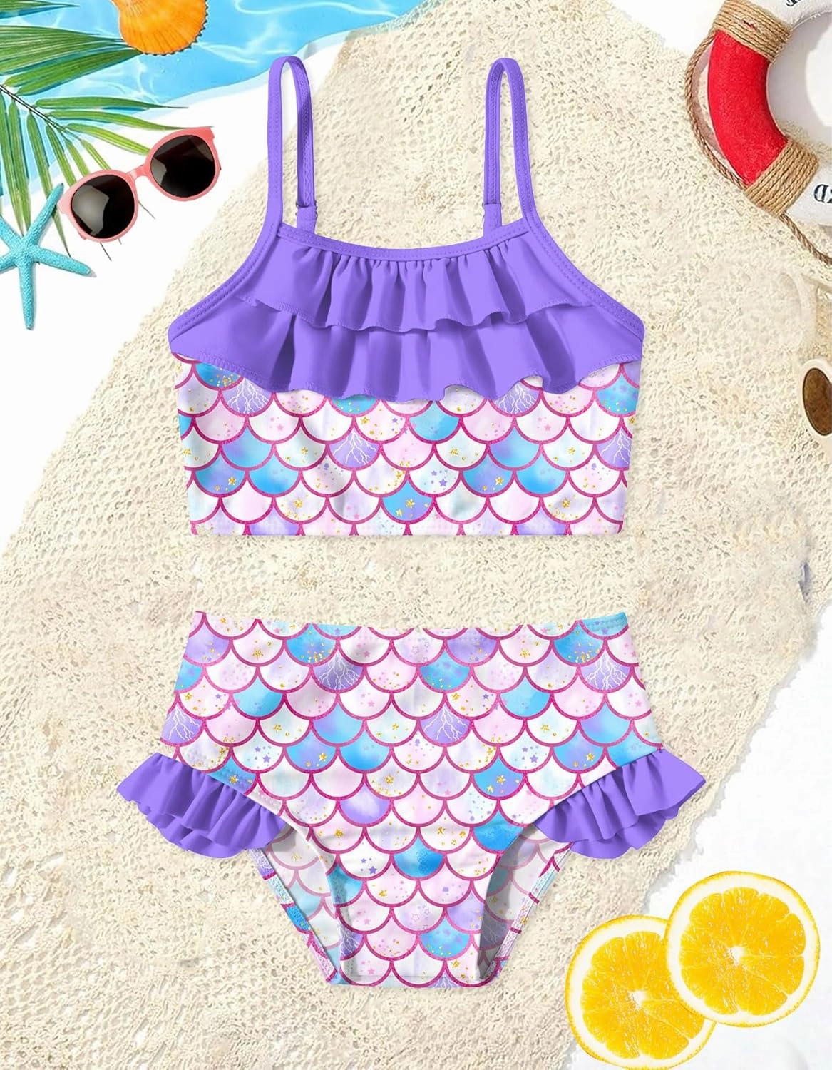 Little Girls Two Piece Mermaid Bikini Set Ruffle Adjustable Summer Beach Bathing Swimsuit 3-7 Years for Kids