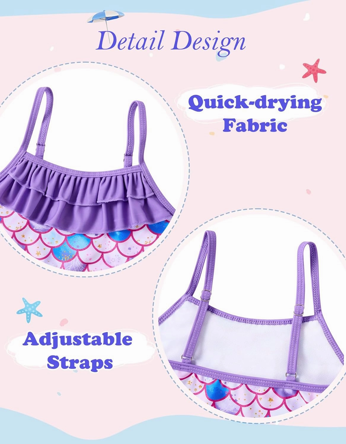 Little Girls Two Piece Mermaid Bikini Set Ruffle Adjustable Summer Beach Bathing Swimsuit 3-7 Years for Kids