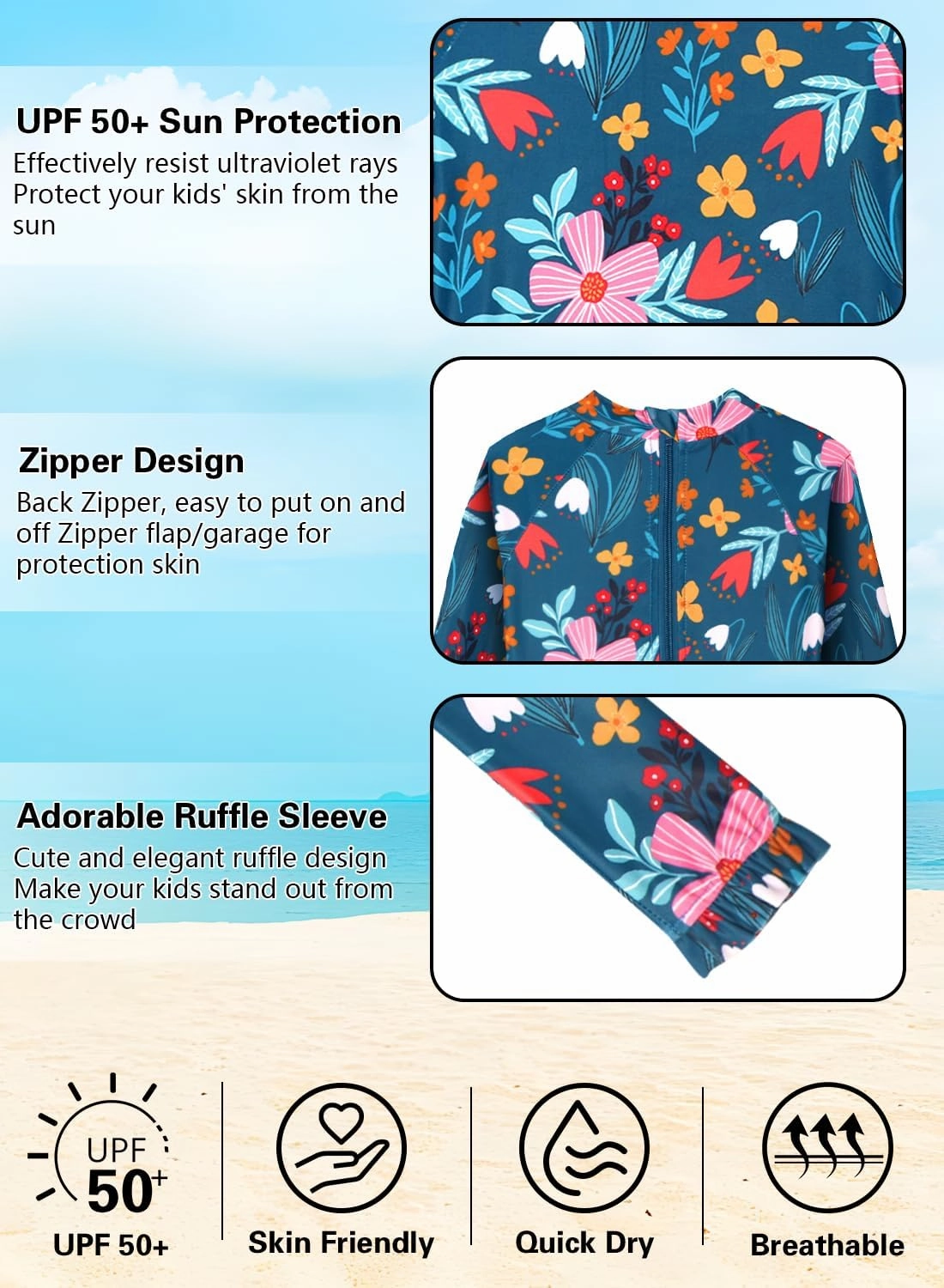 Long Sleeve One Piece Ruffle Swimsuit for Toddler Girls Baby Girl Rashguard Shirt with UPF 50  Sun Protection