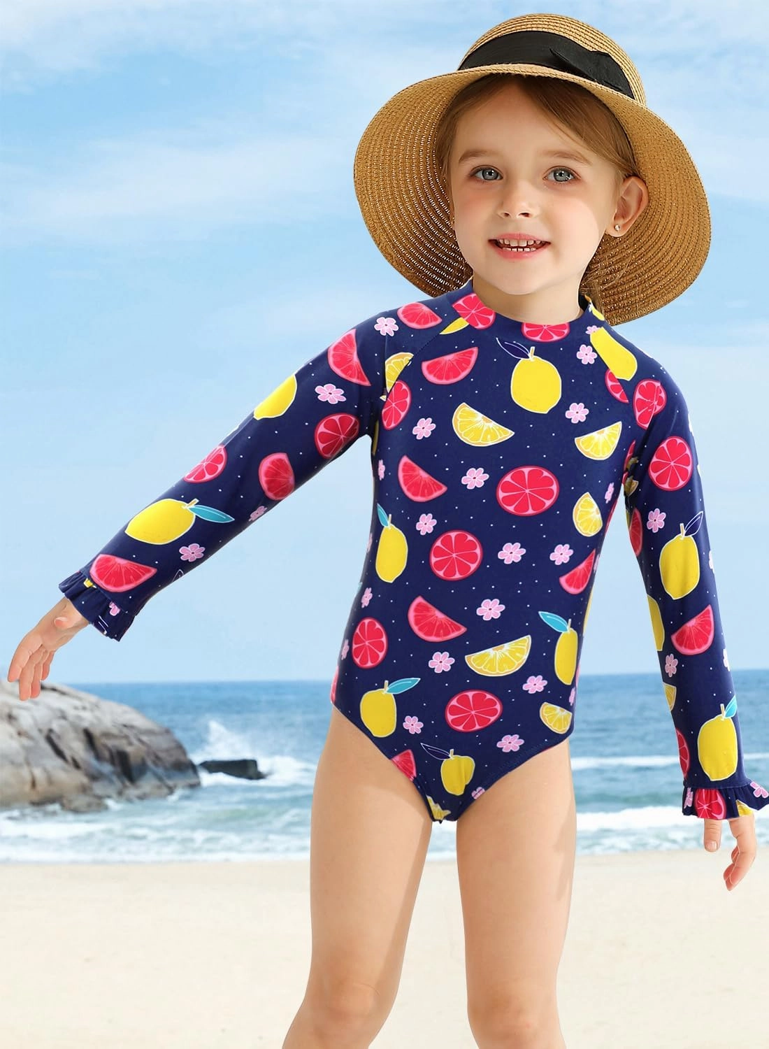 Long Sleeve One Piece Ruffle Swimsuit for Toddler Girls Baby Girl Rashguard Shirt with UPF 50  Sun Protection