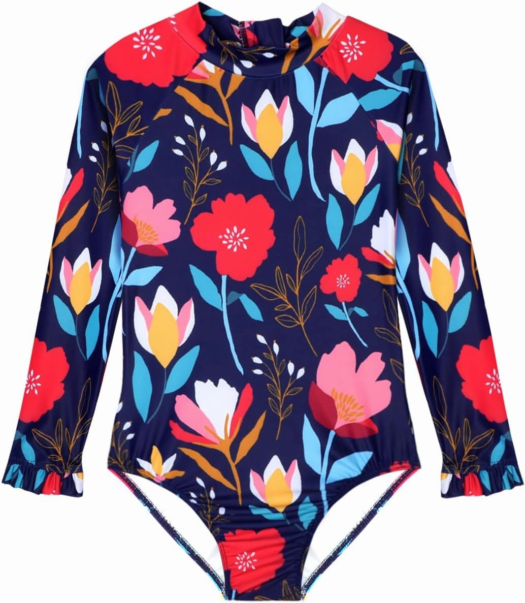 Long Sleeve One Piece Ruffle Swimsuit for Toddler Girls Baby Girl Rashguard Shirt with UPF 50  Sun Protection