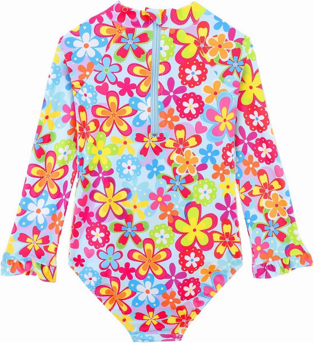 Long Sleeve One Piece Ruffle Swimsuit for Toddler Girls Baby Girl Rashguard Shirt with UPF 50  Sun Protection