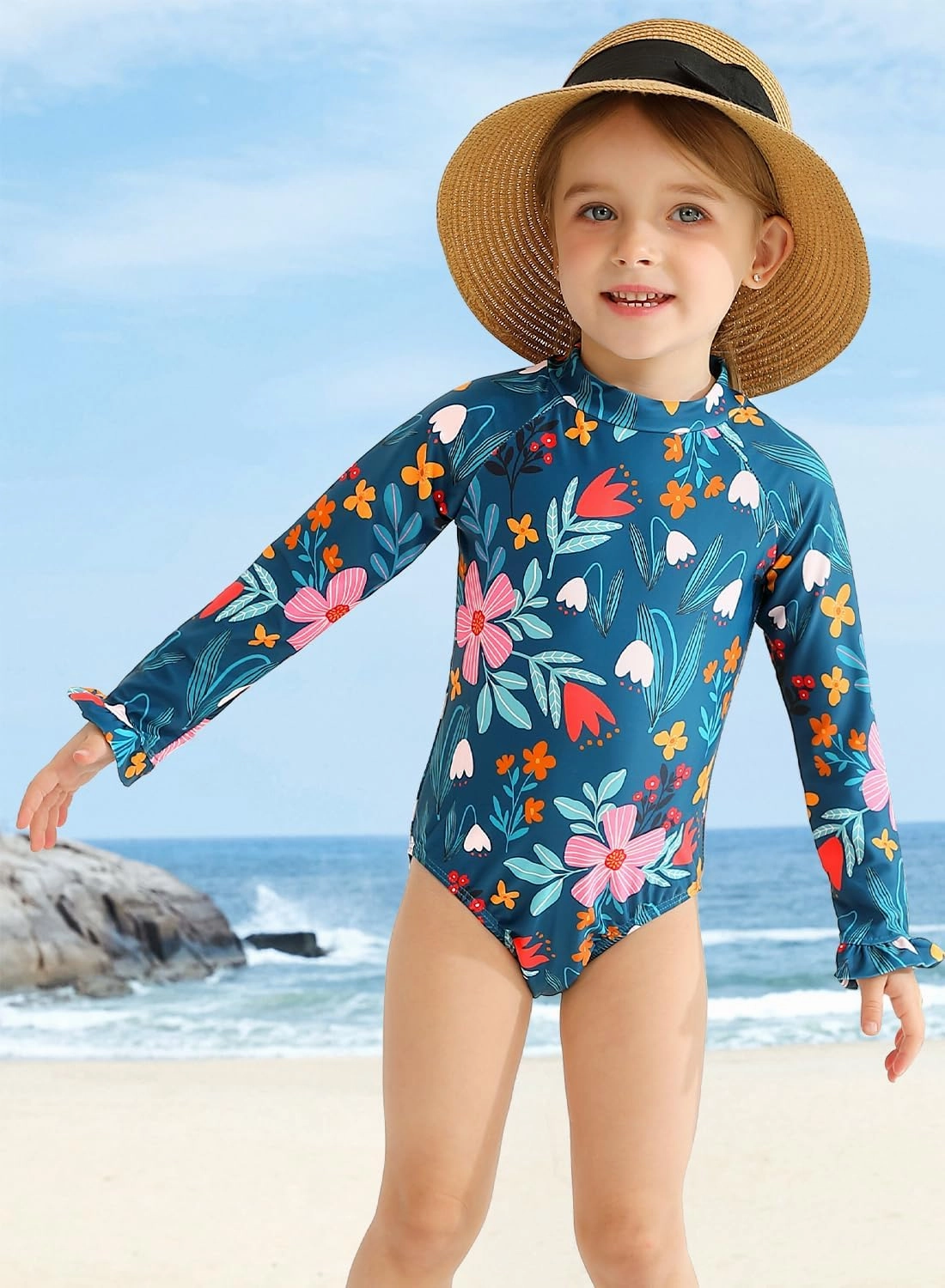 Long Sleeve One Piece Ruffle Swimsuit for Toddler Girls Baby Girl Rashguard Shirt with UPF 50  Sun Protection