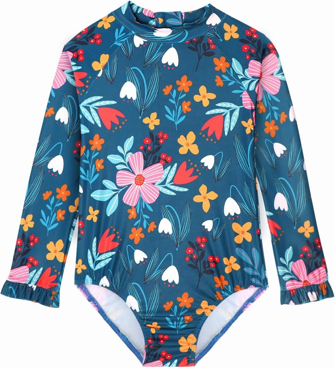 Long Sleeve One Piece Ruffle Swimsuit for Toddler Girls Baby Girl Rashguard Shirt with UPF 50  Sun Protection