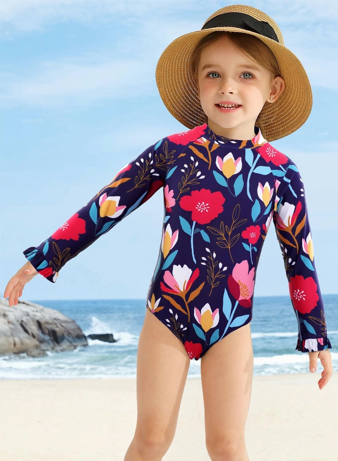 Long Sleeve One Piece Ruffle Swimsuit for Toddler Girls Baby Girl Rashguard Shirt with UPF 50  Sun Protection