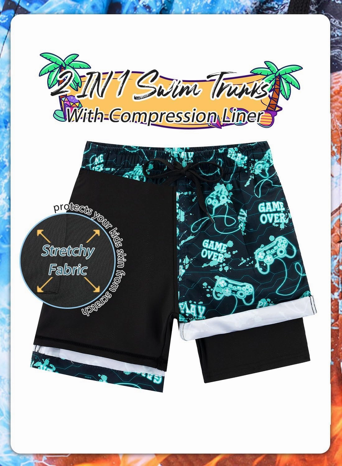 Lovekider 5-16 Years Boys Swim Trunks with Compression Liner Waterproof Quick Dry Swimwear Bathing Suits