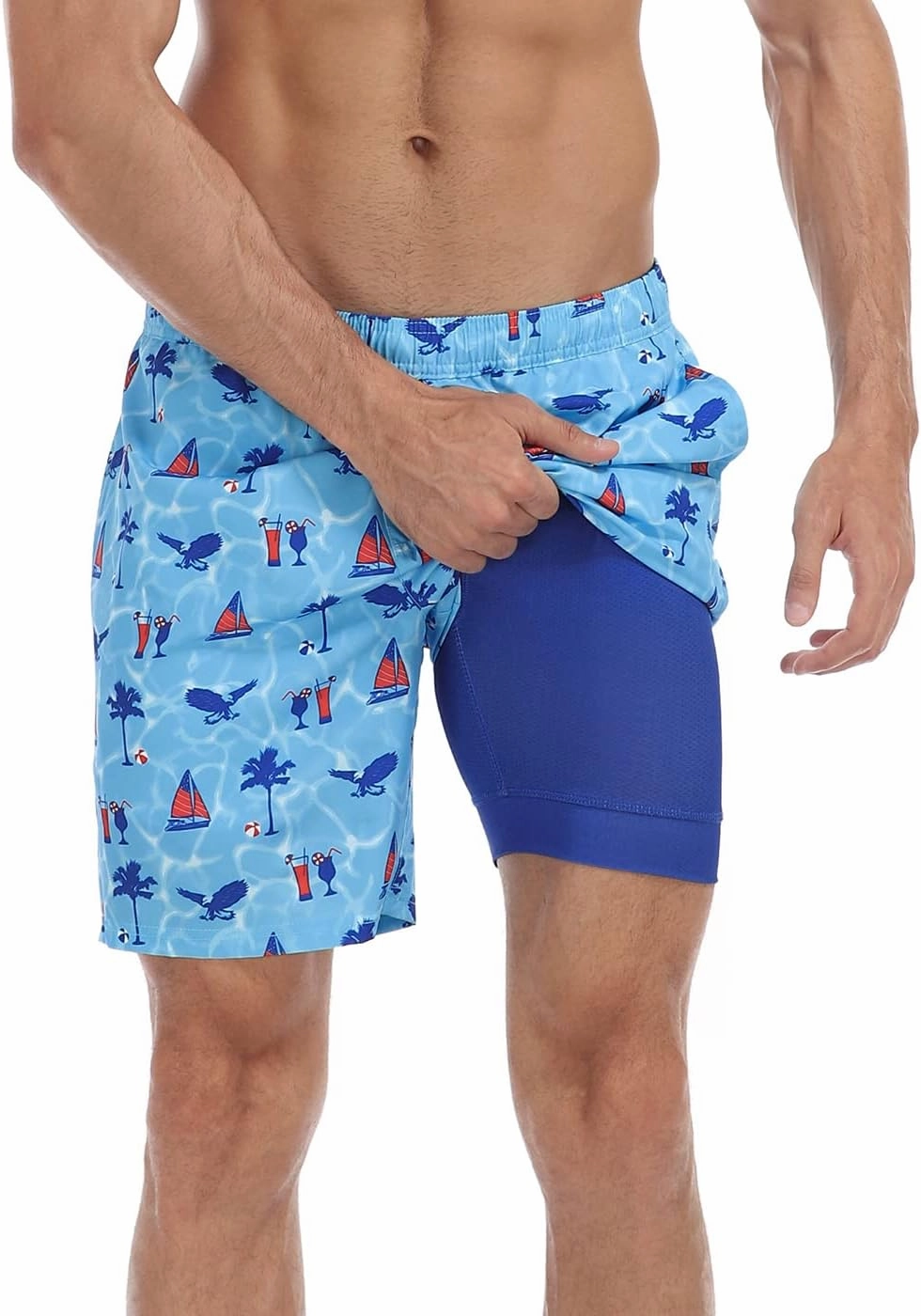 LRD Mens Swim Trunks with Compression Liner 7 inch Inseam Quick Dry Swim Shorts