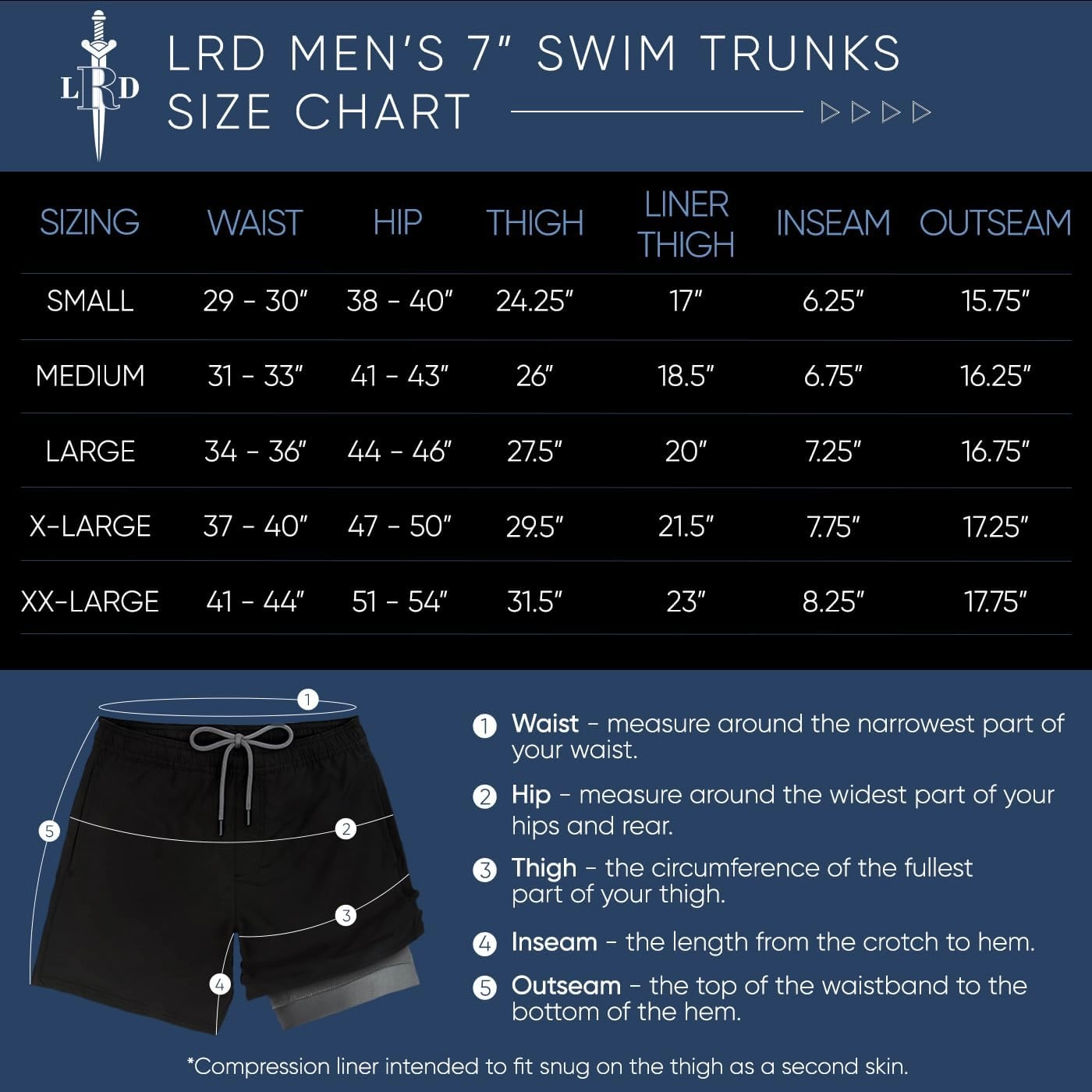 LRD Mens Swim Trunks with Compression Liner 7 inch Inseam Quick Dry Swim Shorts