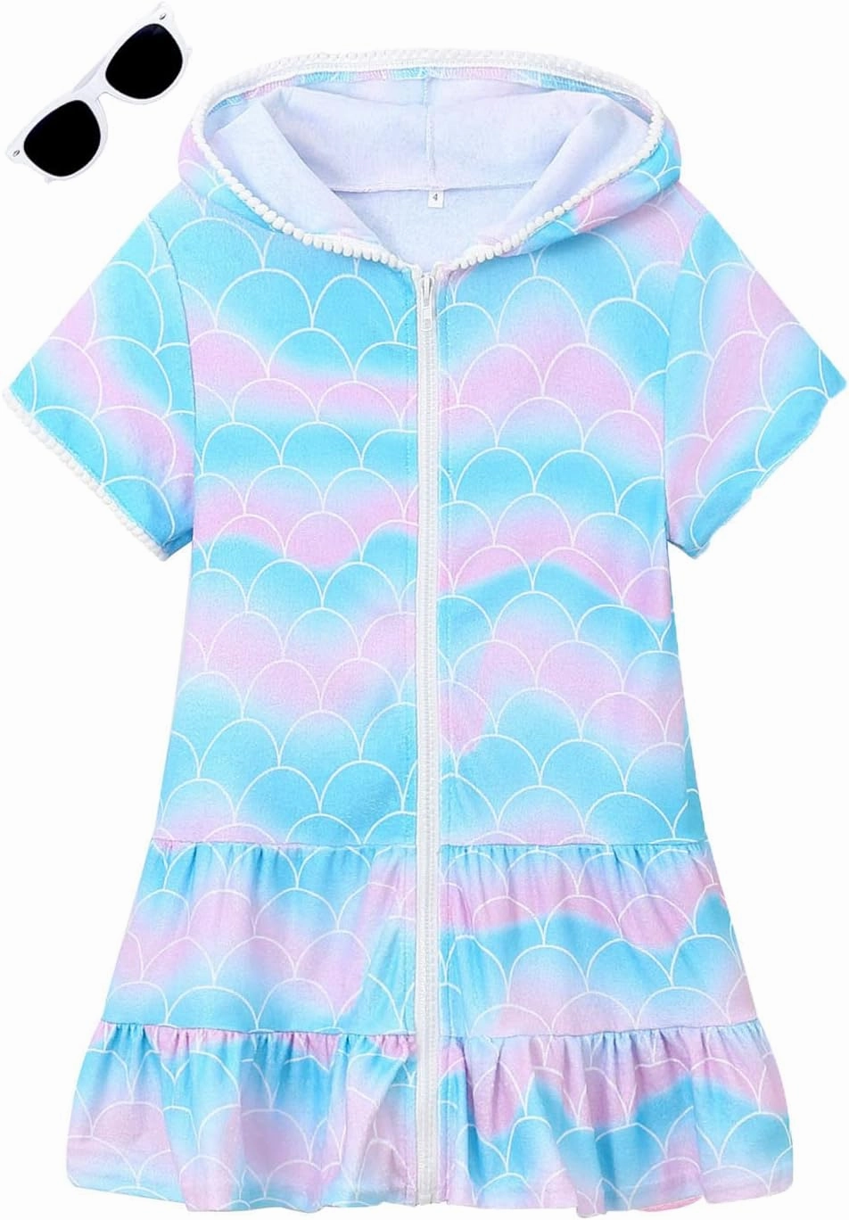 LUCKYGAL Girls Swim Cover Up Kids Swimsuit Coverup Terry Zip-Up Beach Bathing Suit Wraps with Sunglasses