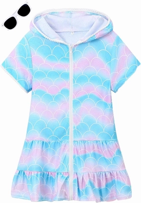 LUCKYGAL Girls Swim Cover Up Kids Swimsuit Coverup Terry Zip-Up Beach Bathing Suit Wraps with Sunglasses