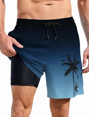 Lzzidou Men Swim Trunks with Compresssion Liner 7 Inch Inseam Board Shorts Bathing Suit with Zipper Pockets