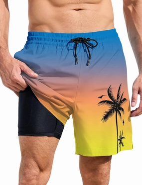 Lzzidou Men Swim Trunks with Compresssion Liner 7 Inch Inseam Board Shorts Bathing Suit with Zipper Pockets