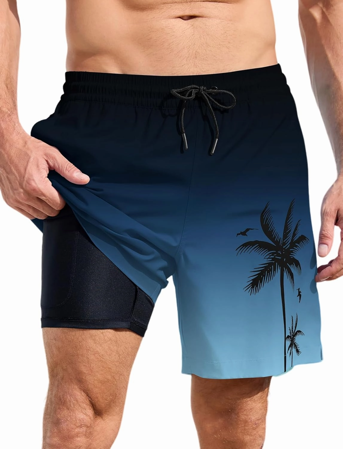 Lzzidou Men Swim Trunks with Compresssion Liner 7 Inch Inseam Board Shorts Bathing Suit with Zipper Pockets