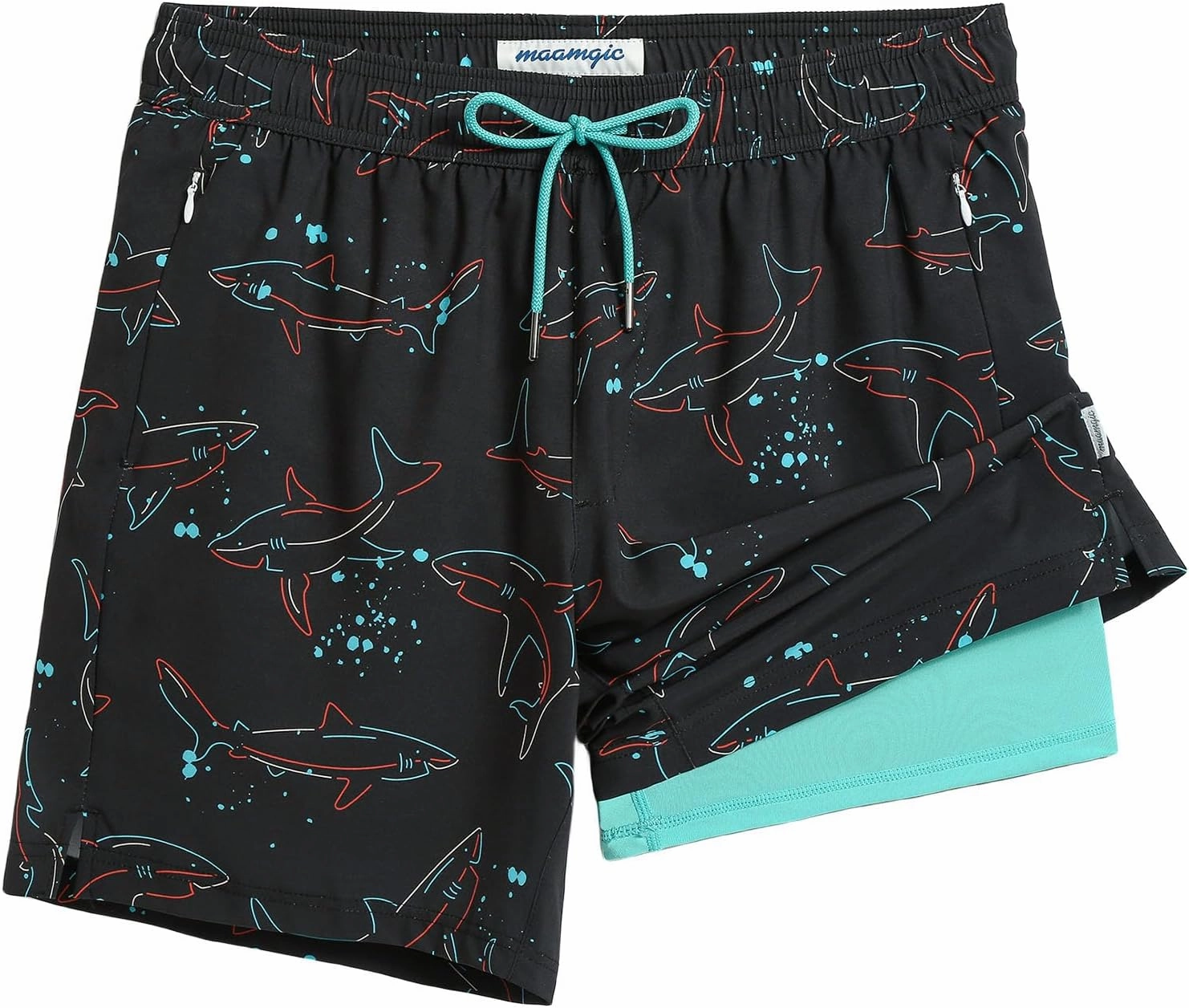 maamgic 7 Inch Mens Swim Trunks with Compression Liner Board Shorts with Zippered Pocket Bathing Suit for Beach Vacation