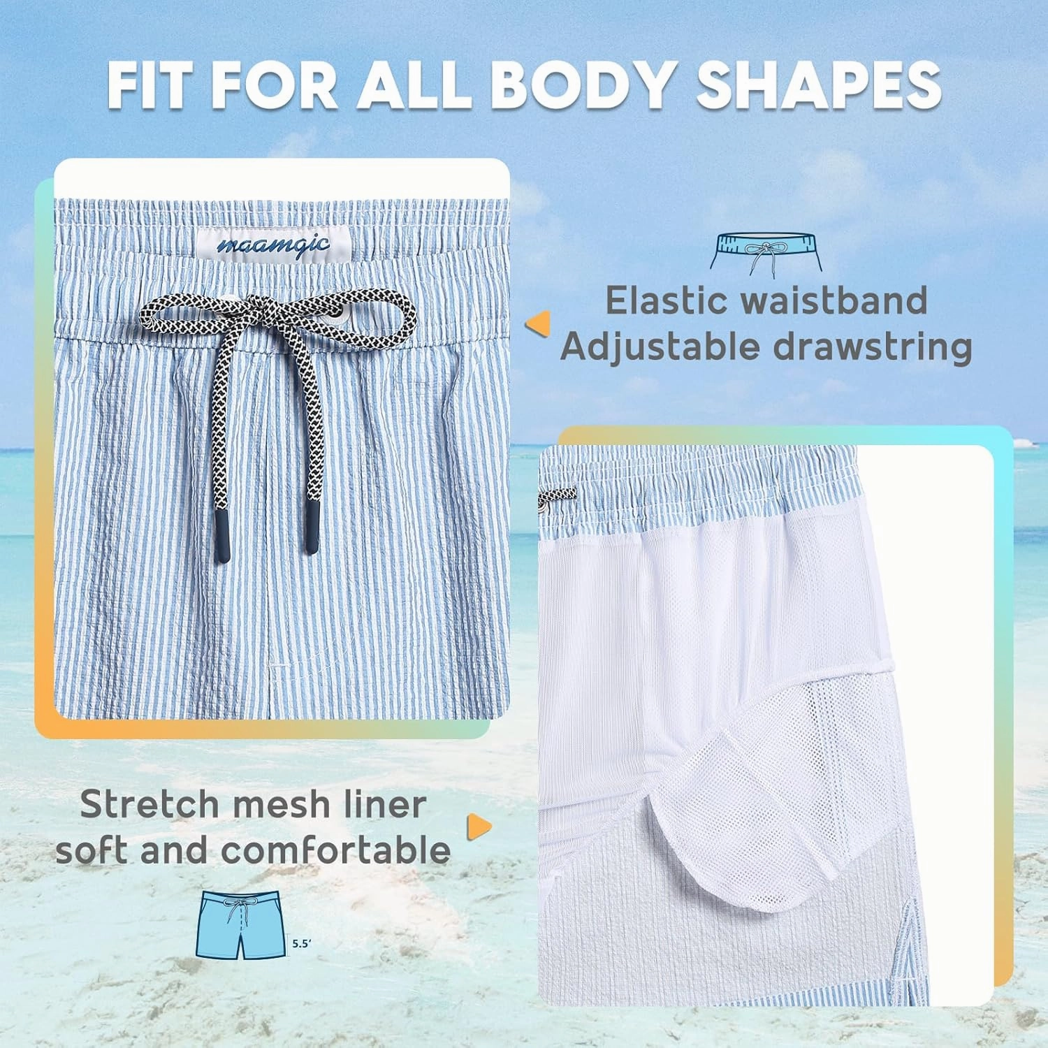 maamgic Men's Swim Trunks 5.5 inch Seersucker Beach Shorts Quick Dry Bathing Suits with Mesh Liner