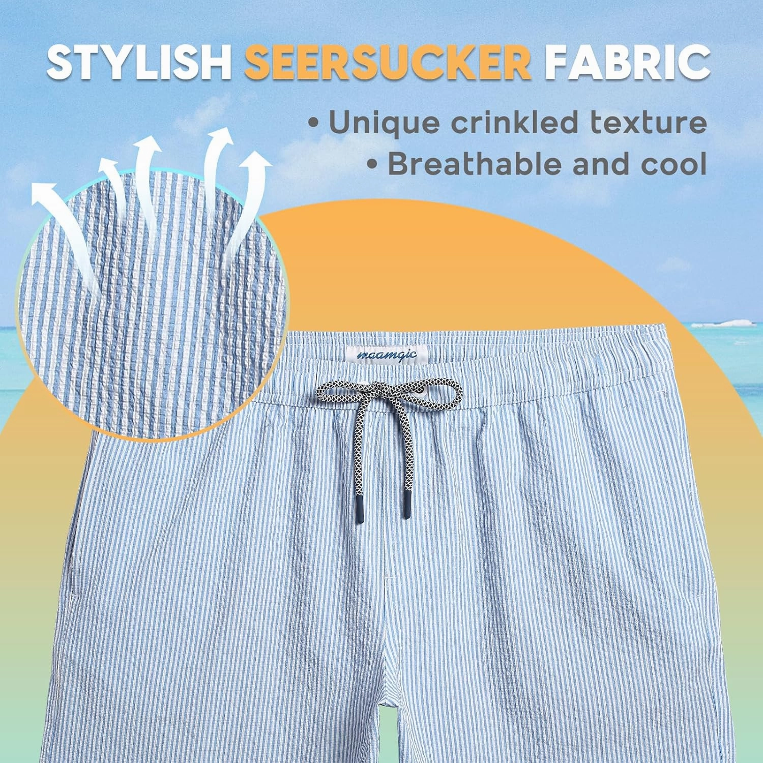 maamgic Men's Swim Trunks 5.5 inch Seersucker Beach Shorts Quick Dry Bathing Suits with Mesh Liner