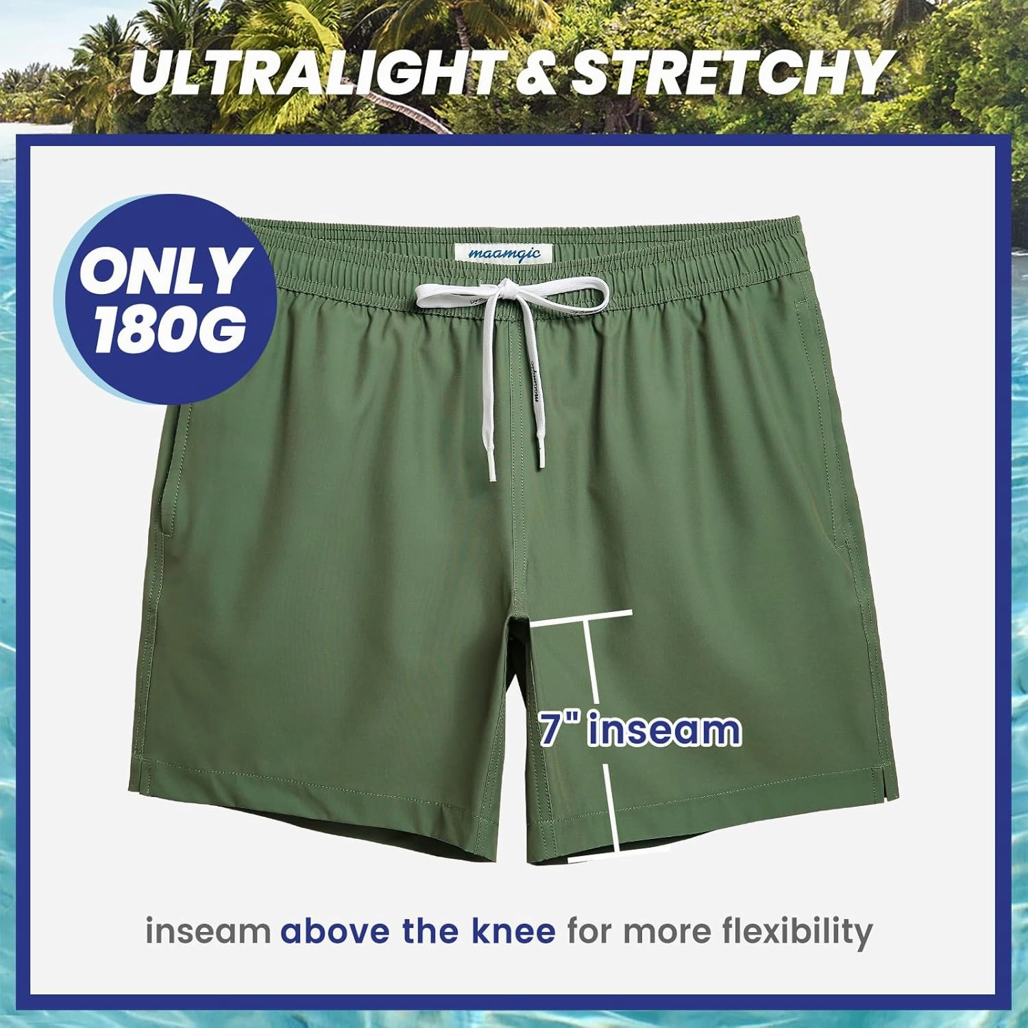 maamgic Mens 7" Stretch Swim Trunks Quick Dry Mesh Lining Swimwear Bathing Suits