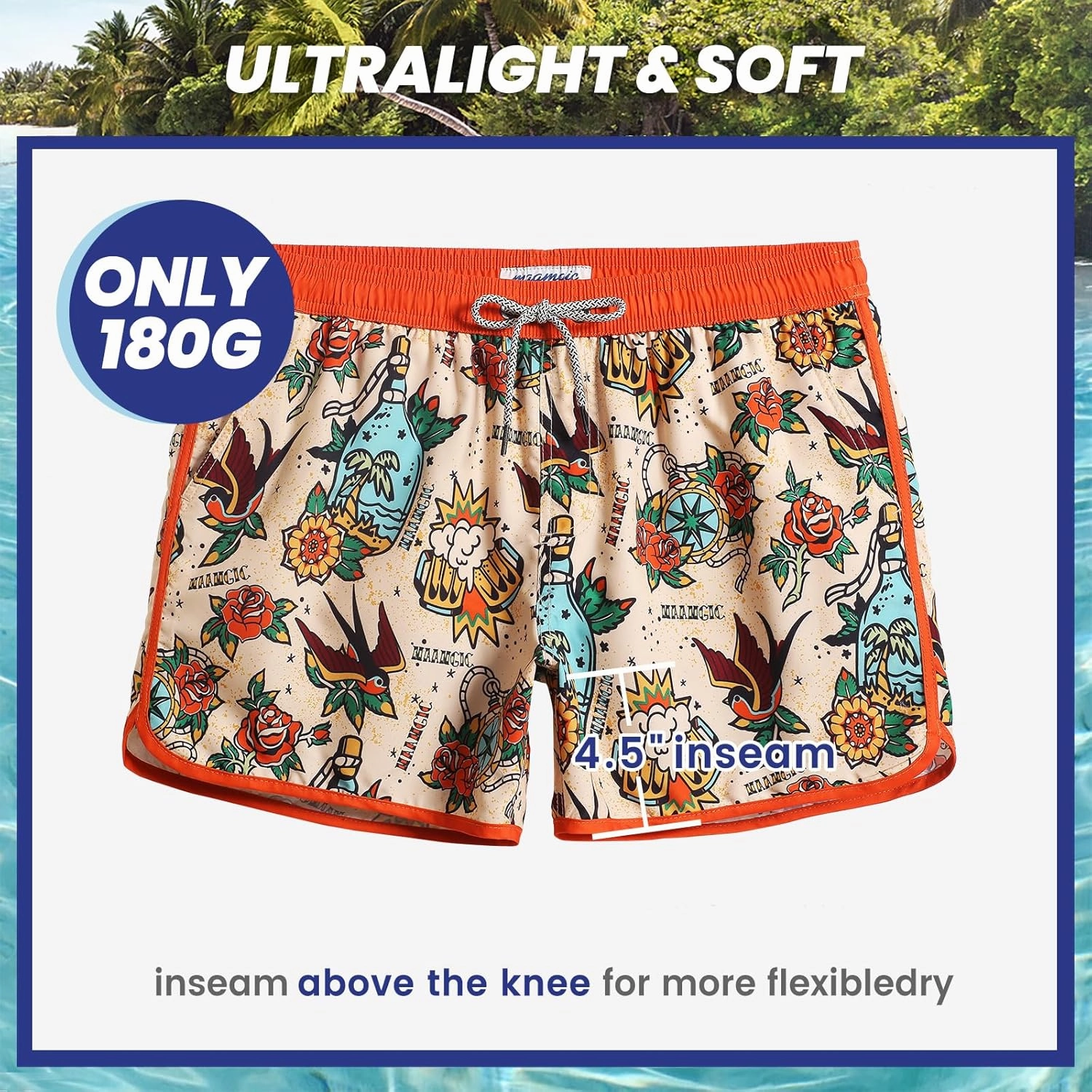 maamgic Mens Boys Short 80s 90s Vintage Swim Trunks with Mesh Lining Quick Dry Swim Suits Board Shorts