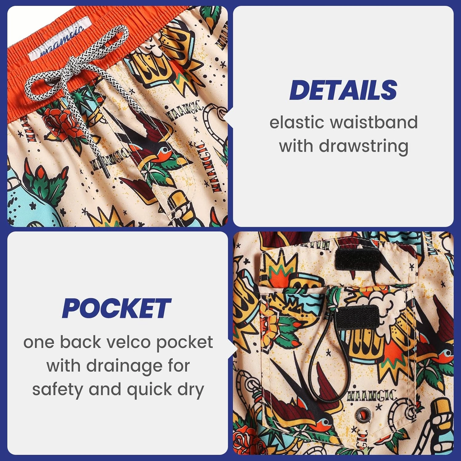 maamgic Mens Boys Short 80s 90s Vintage Swim Trunks with Mesh Lining Quick Dry Swim Suits Board Shorts