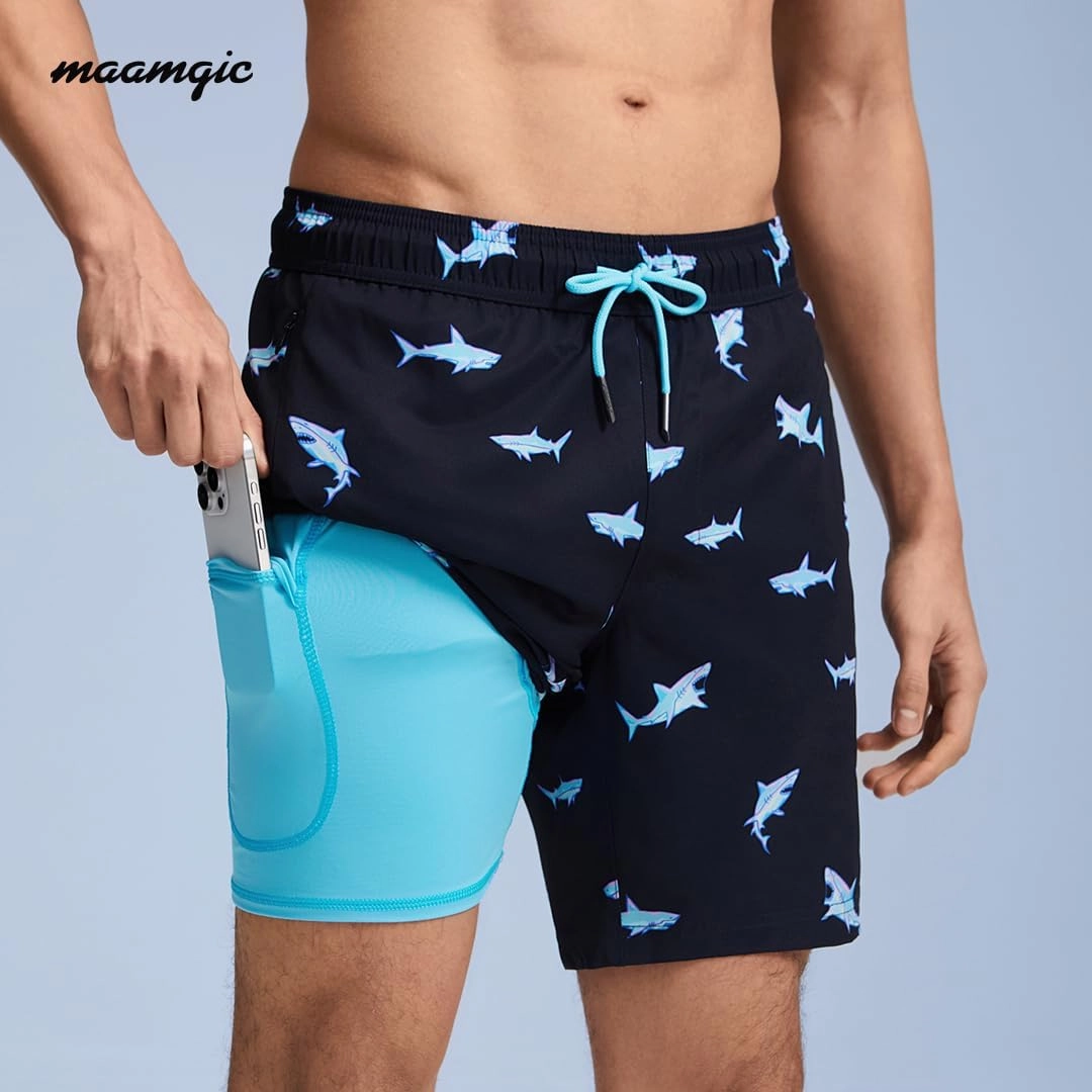 maamgic Mens Swim Trunks with Compression Liner 7" Bathing Suit Quick Dry Swimming Trunks for Men with Zipper Pockets