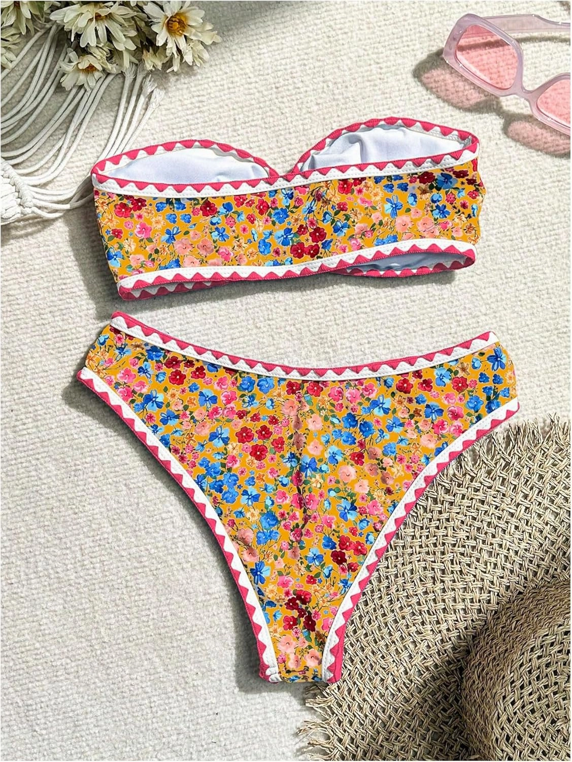 MakeMeChic Women's 2 Piece Bandeau Swimsuit Boho Ring Strapless High Cut Bikini Sets Bathing Suit