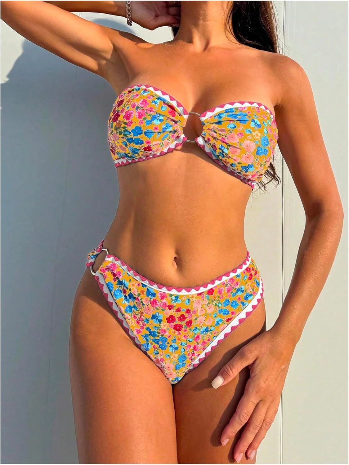 MakeMeChic Women's 2 Piece Bandeau Swimsuit Boho Ring Strapless High Cut Bikini Sets Bathing Suit