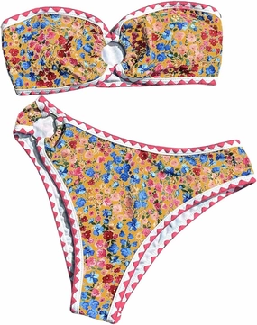 MakeMeChic Women's 2 Piece Bandeau Swimsuit Boho Ring Strapless High Cut Bikini Sets Bathing Suit