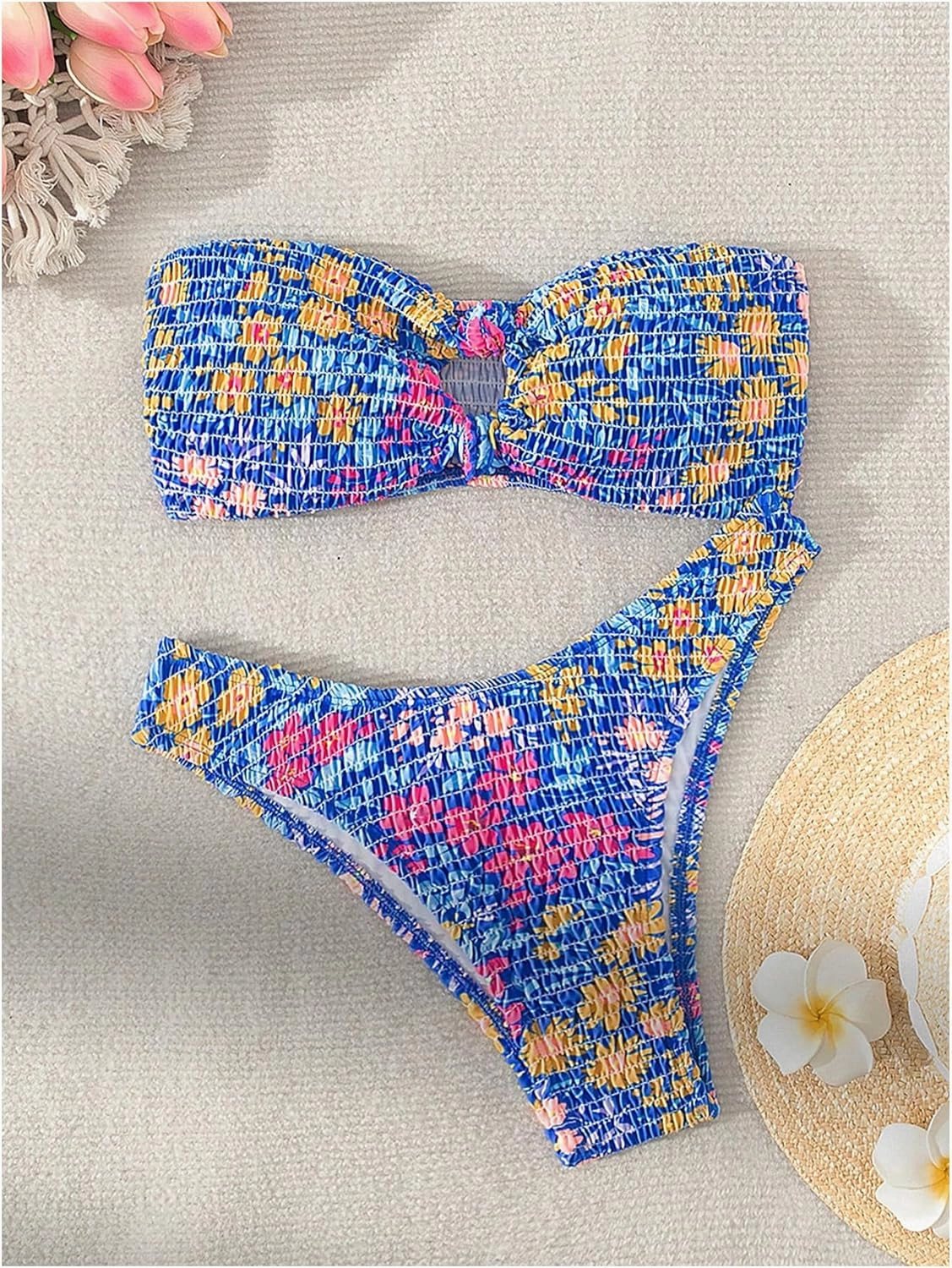 MakeMeChic Women's 2 Piece Bandeau Swimsuit Floral Cut Out Bikini Set Strapless Bathing Suits