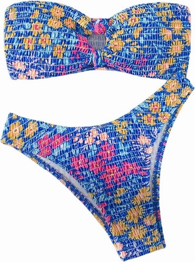 MakeMeChic Women's 2 Piece Bandeau Swimsuit Floral Cut Out Bikini Set Strapless Bathing Suits