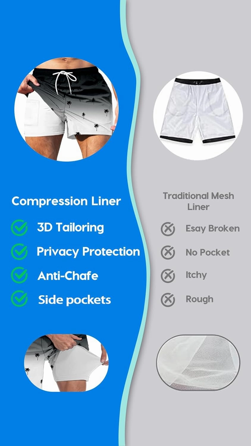 Men's Swim Trunk 5" with Compression Liner 5 Inch Quick Dry Board Shorts Zipper Pocket