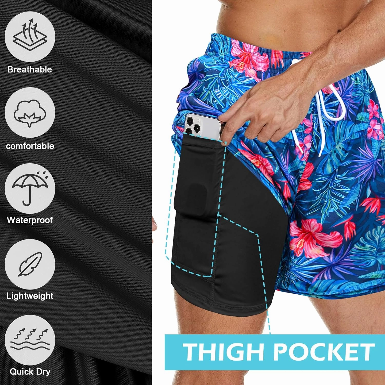 Men's Swim Trunks with Compression Liner Bathing Suits Swimwear Swimming Board Beach Shorts 7 Quick Dry Swimsuit