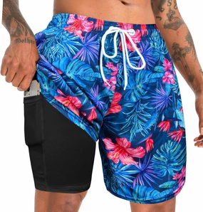 Men's Swim Trunks with Compression Liner Bathing Suits Swimwear Swimming Board Beach Shorts 7 Quick Dry Swimsuit