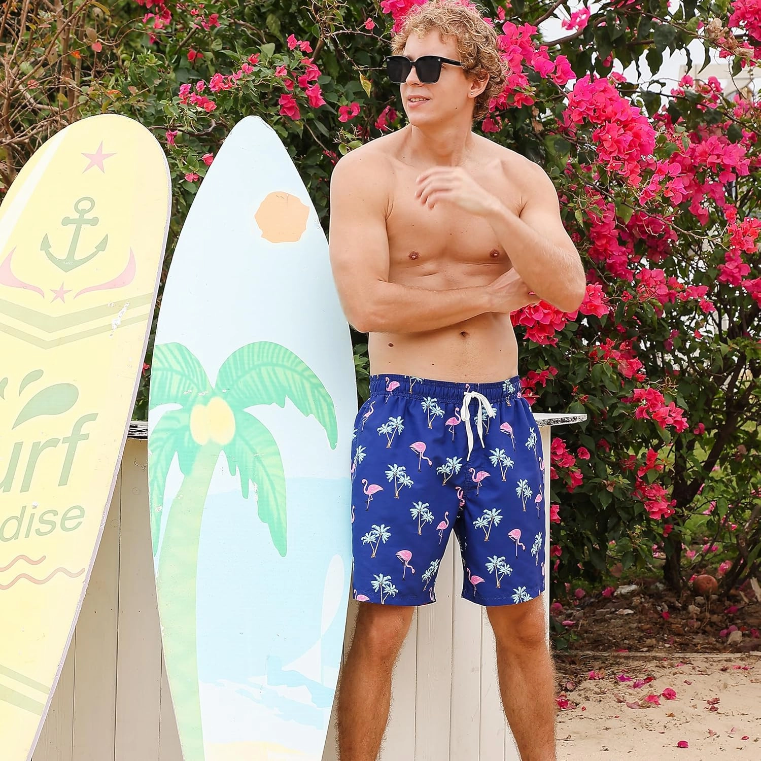 Men Swim Trunks with Compression Liner Men's 2 in 1 Bathing Suits 7 Inch Hawaiian Board Shorts