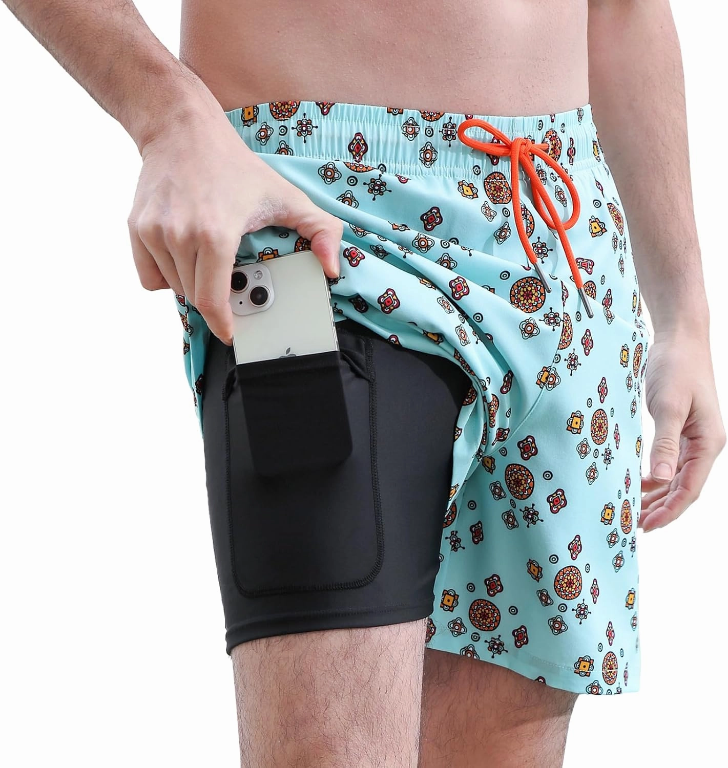 Mens 5/7" Ineseam Swim Trunks with Compression Liner 2 in 1 Bathing Suit Swimwear with Zip Pockets UPF50  Board Shorts
