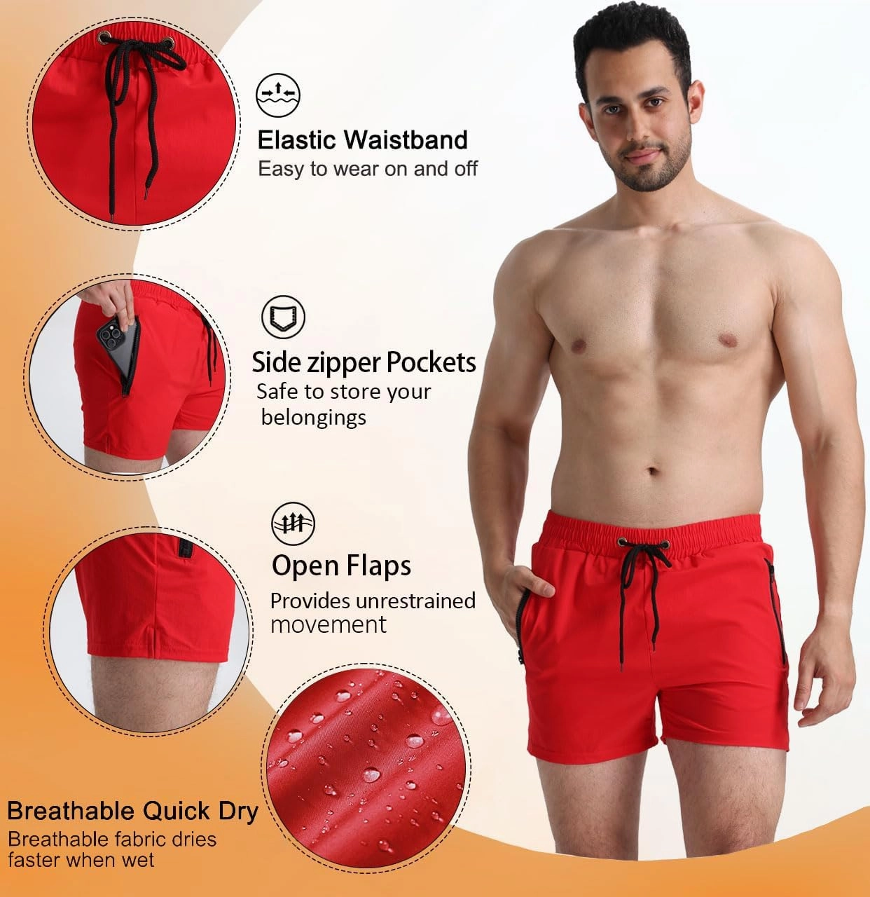 Mens 5" with Zipper Quick Dry Beach Shorts for Swimming Men Bathing Suit