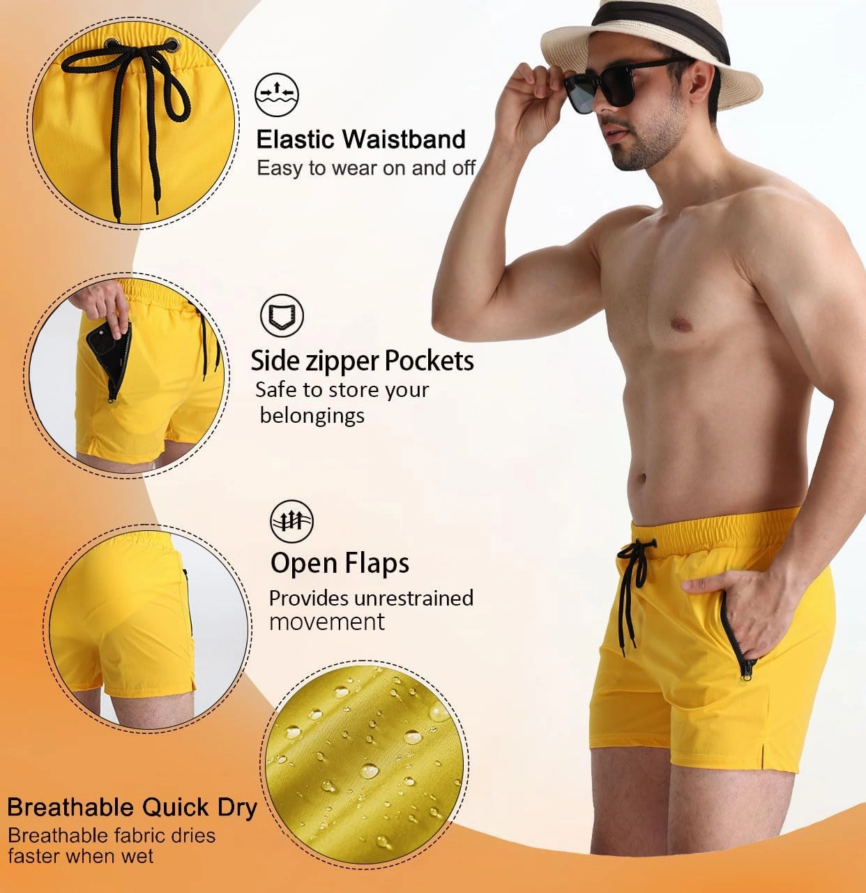 Mens 5" with Zipper Quick Dry Beach Shorts for Swimming Men Bathing Suit