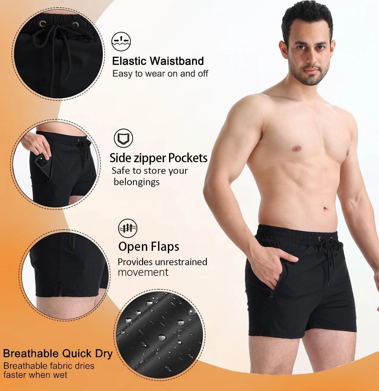 Mens 5" with Zipper Quick Dry Beach Shorts for Swimming Men Bathing Suit