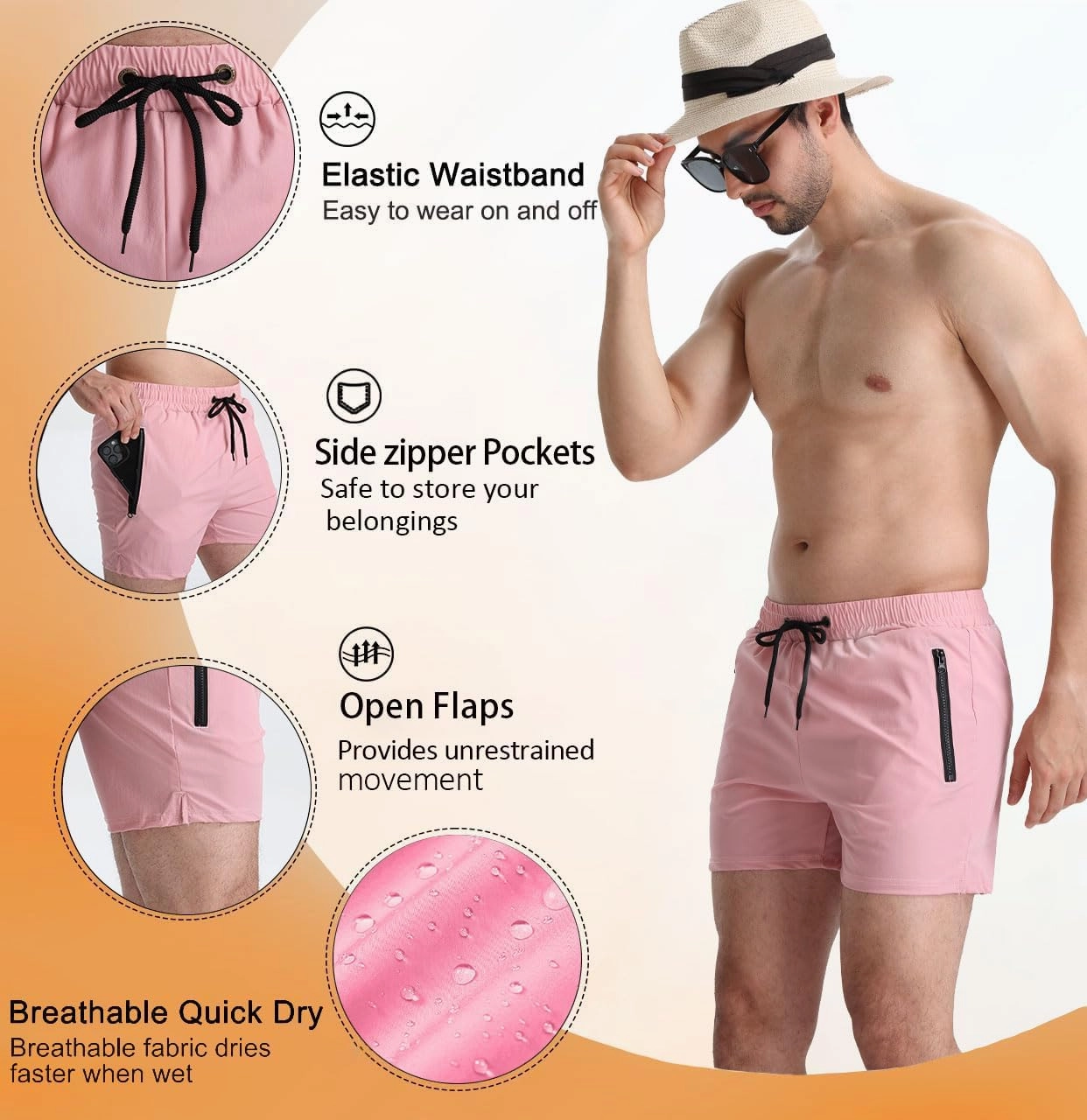 Mens 5" with Zipper Quick Dry Beach Shorts for Swimming Men Bathing Suit