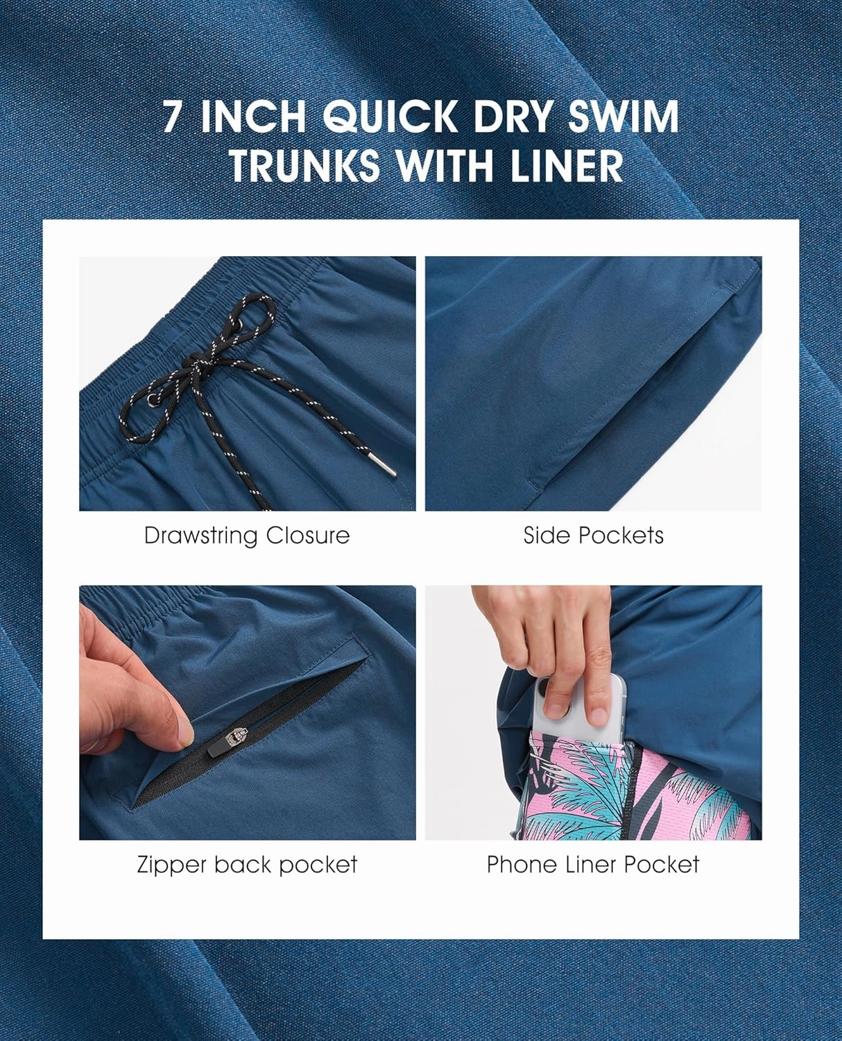 Mens 7 Inch Swim Trunks with Compression Liner Stretch Quick Dry Swim Shorts Swimsuits with Pockets