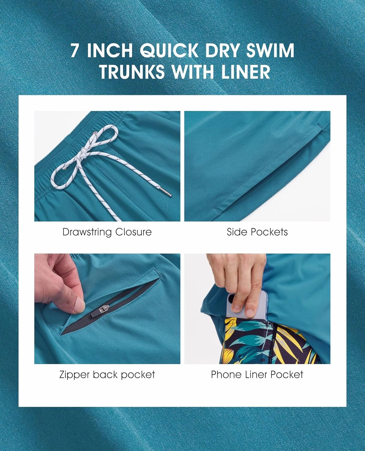 Mens 7 Inch Swim Trunks with Compression Liner Stretch Quick Dry Swim Shorts Swimsuits with Pockets