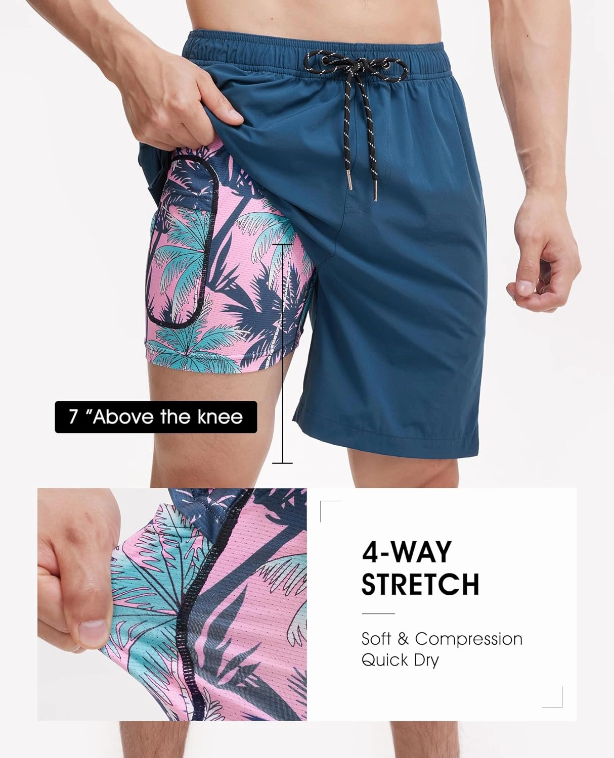 Mens 7 Inch Swim Trunks with Compression Liner Stretch Quick Dry Swim Shorts Swimsuits with Pockets