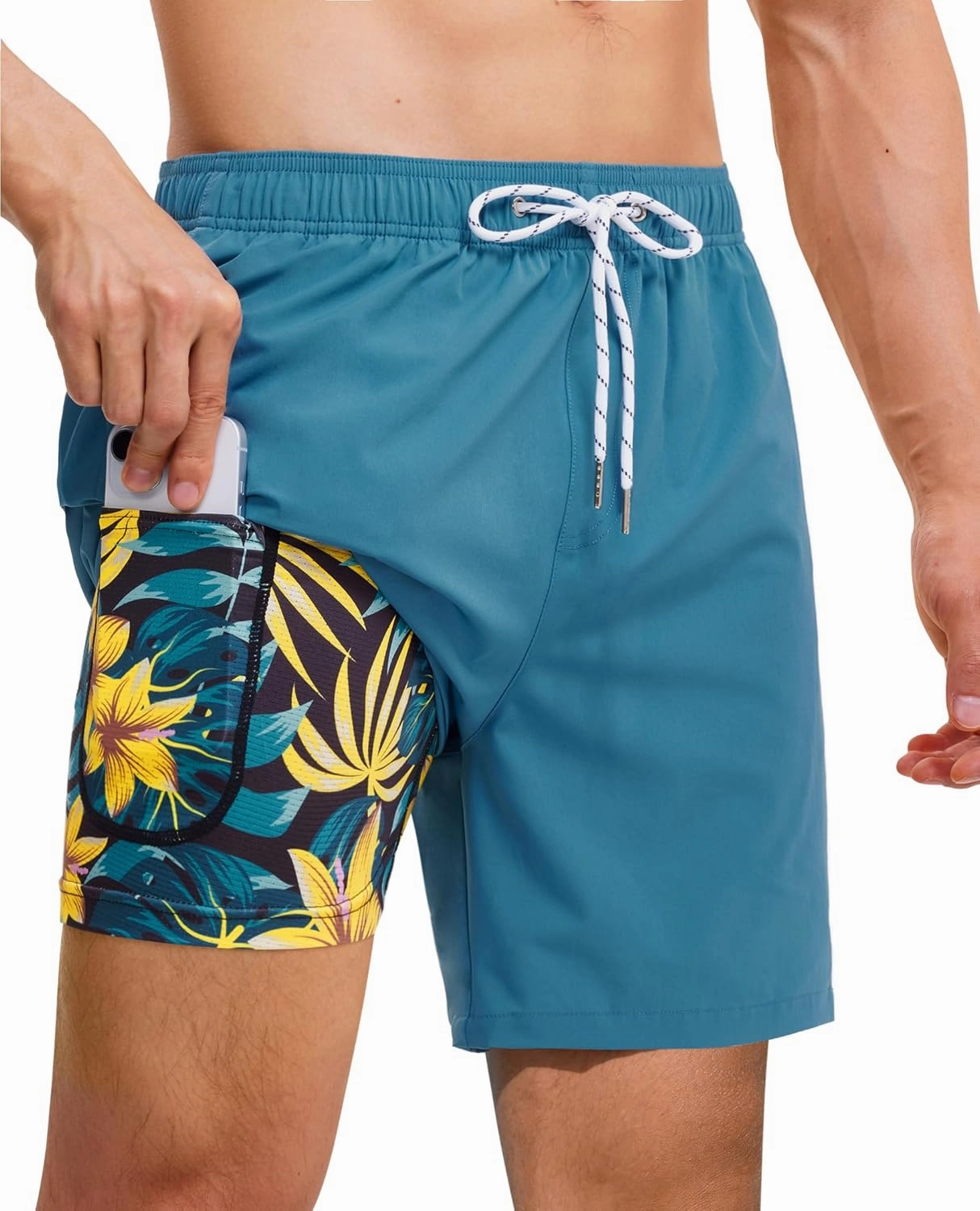 Mens 7 Inch Swim Trunks with Compression Liner Stretch Quick Dry Swim Shorts Swimsuits with Pockets