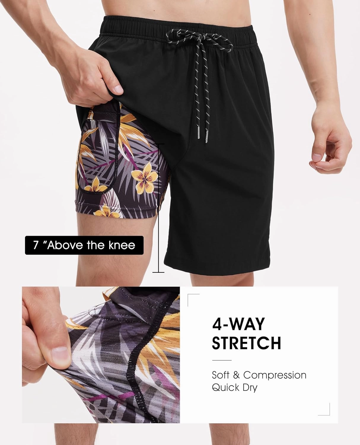 Mens 7 Inch Swim Trunks with Compression Liner Stretch Quick Dry Swim Shorts Swimsuits with Pockets
